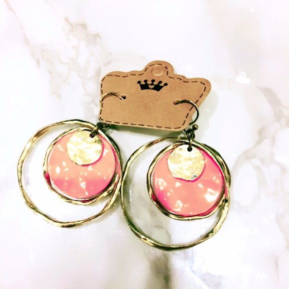 Jewelry - Gold Tone and Coral Hammered Hoop Earrings